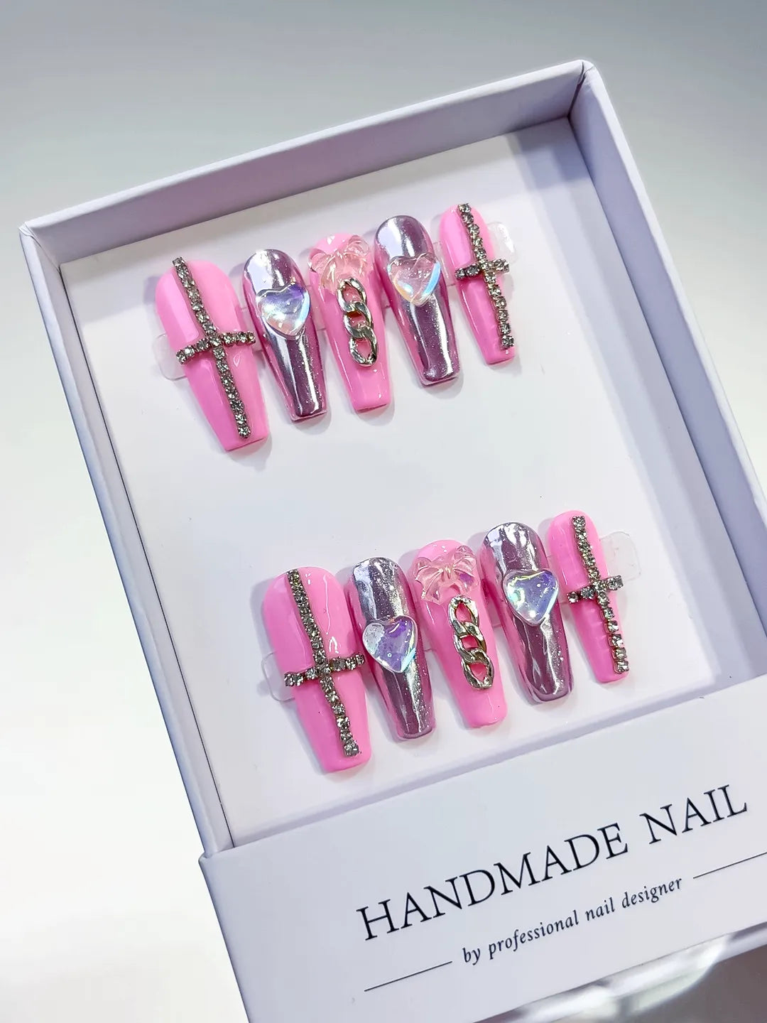 L029 - Long Pink Silver Coffin Metallic Heart Chain