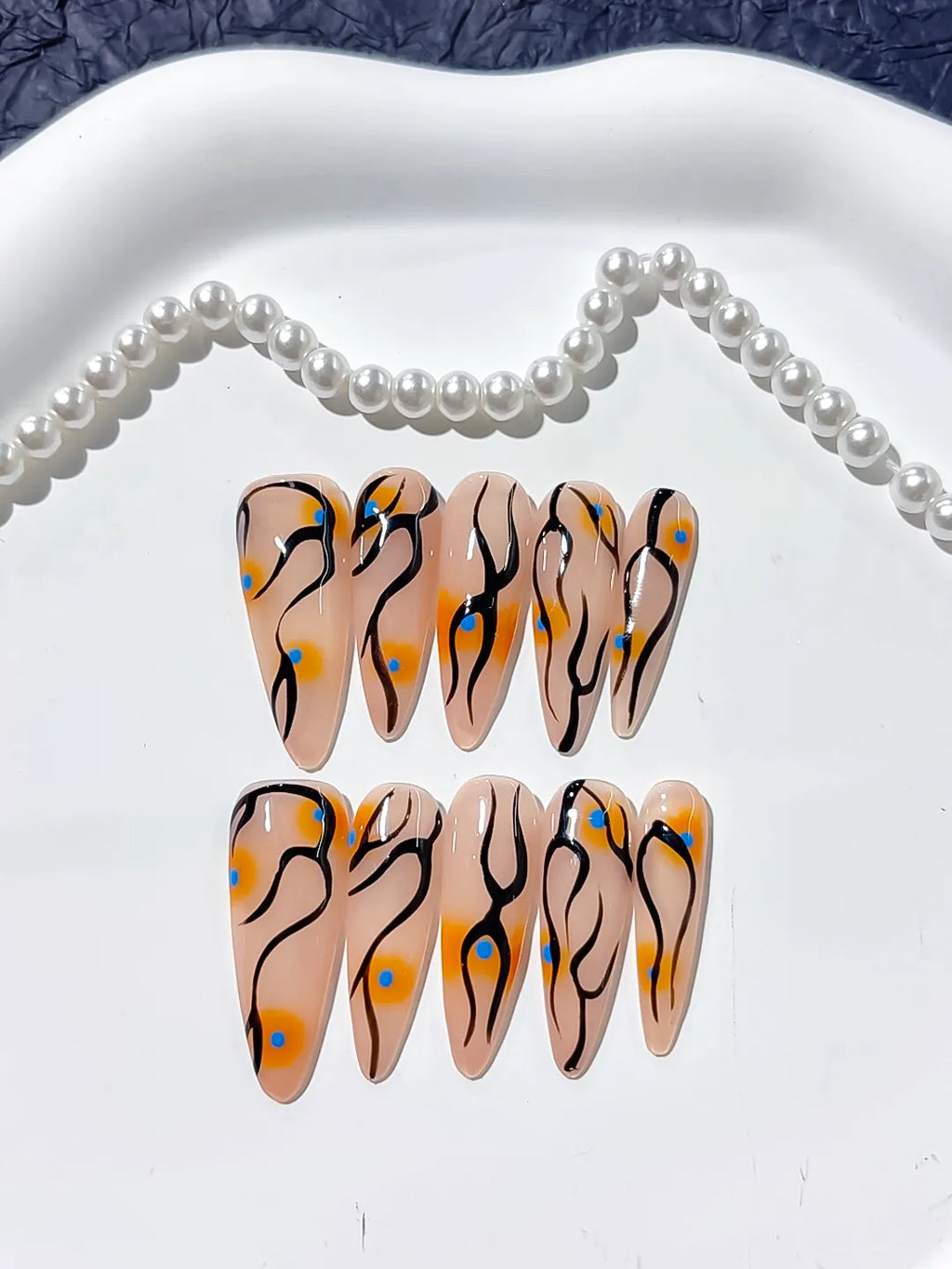 L030 - Long Nude Orange Stiletto Abstract Dot Pattern