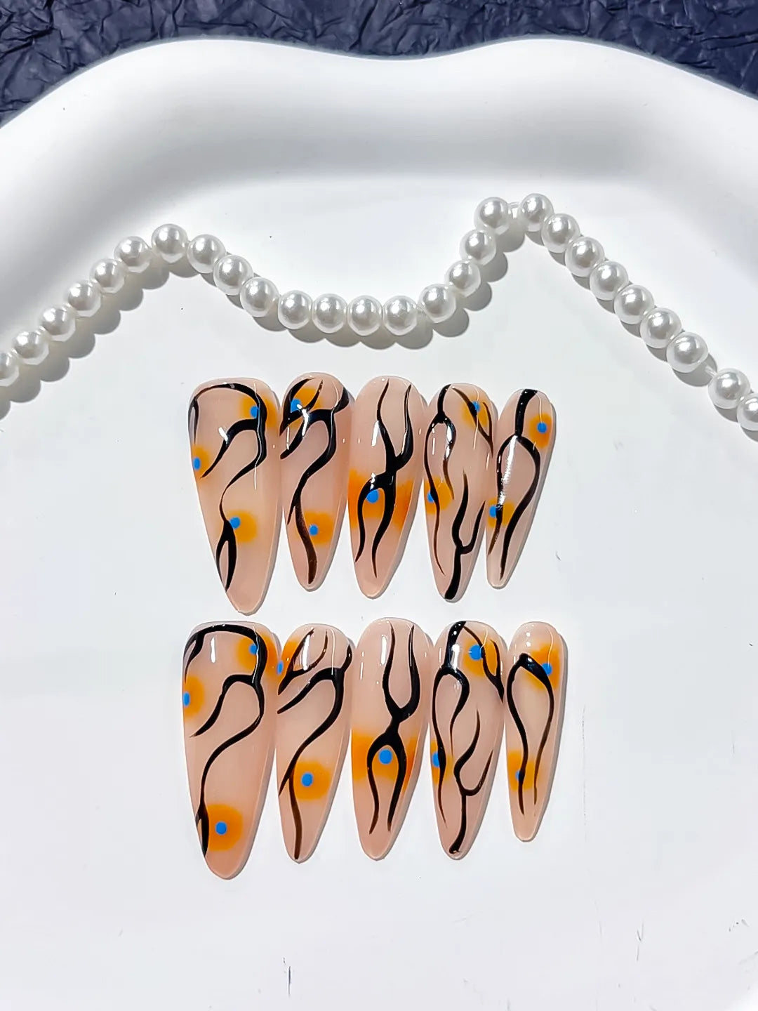 L030 - Long Nude Orange Stiletto Abstract Dot Pattern