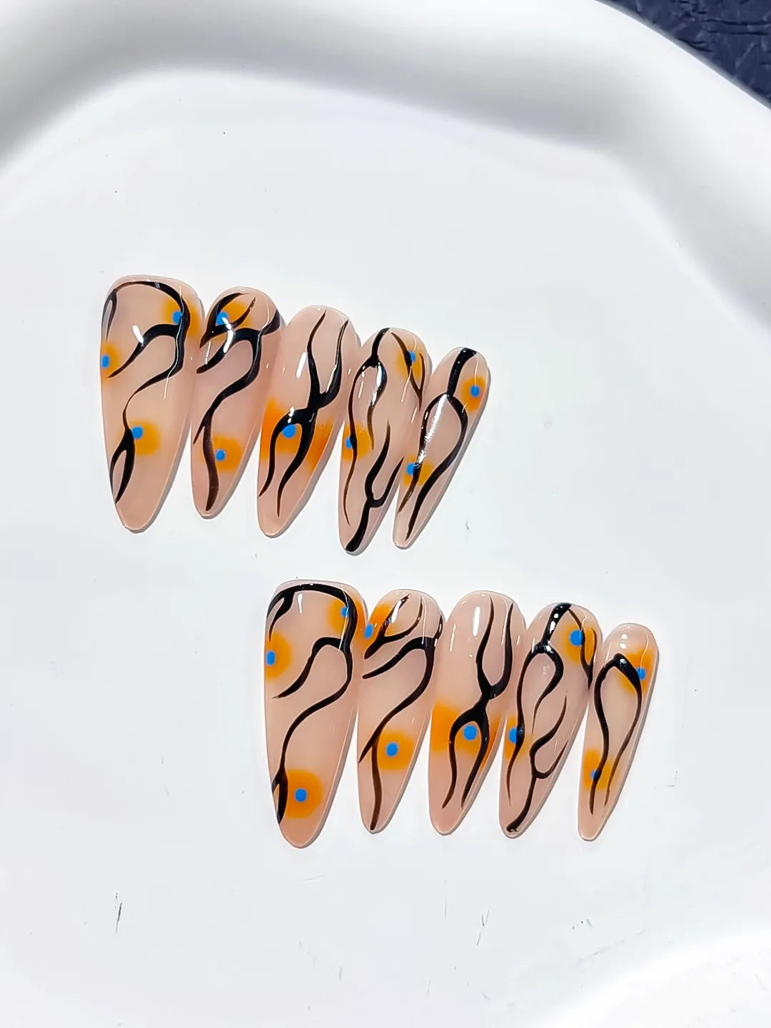 L030 - Long Nude Orange Stiletto Abstract Dot Pattern