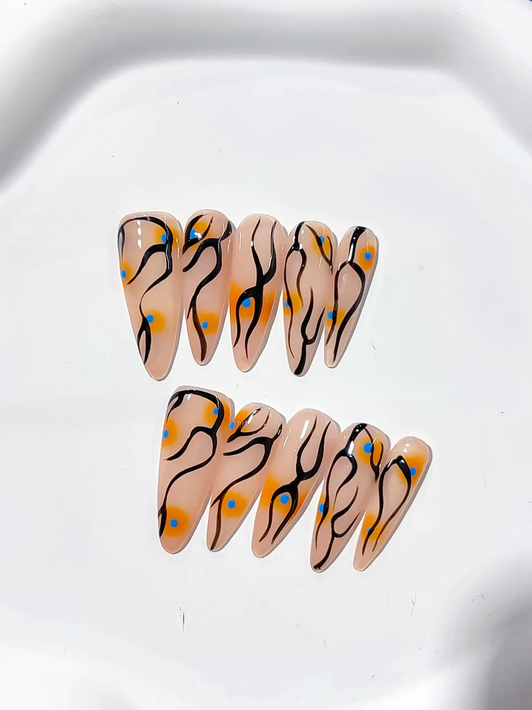 L030 - Long Nude Orange Stiletto Abstract Dot Pattern