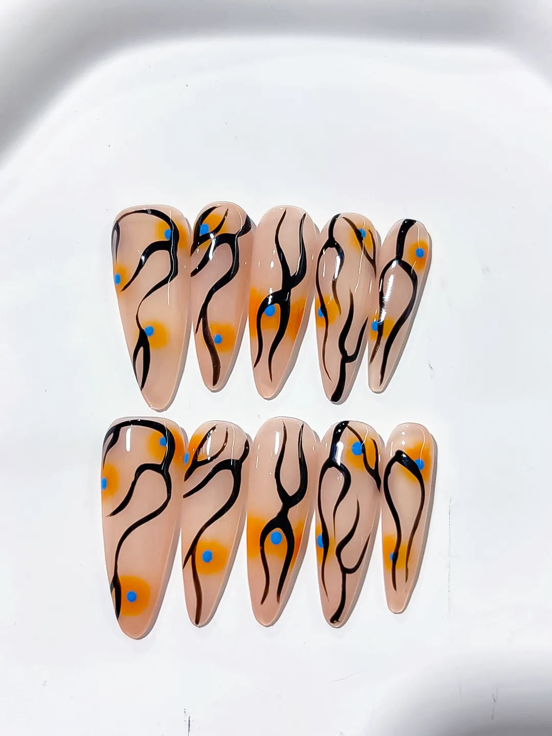 L030 - Long Nude Orange Stiletto Abstract Dot Pattern