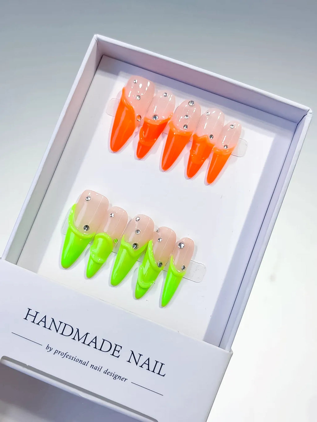 L031 - Long Nude Orange Stiletto French tip Rhinestone