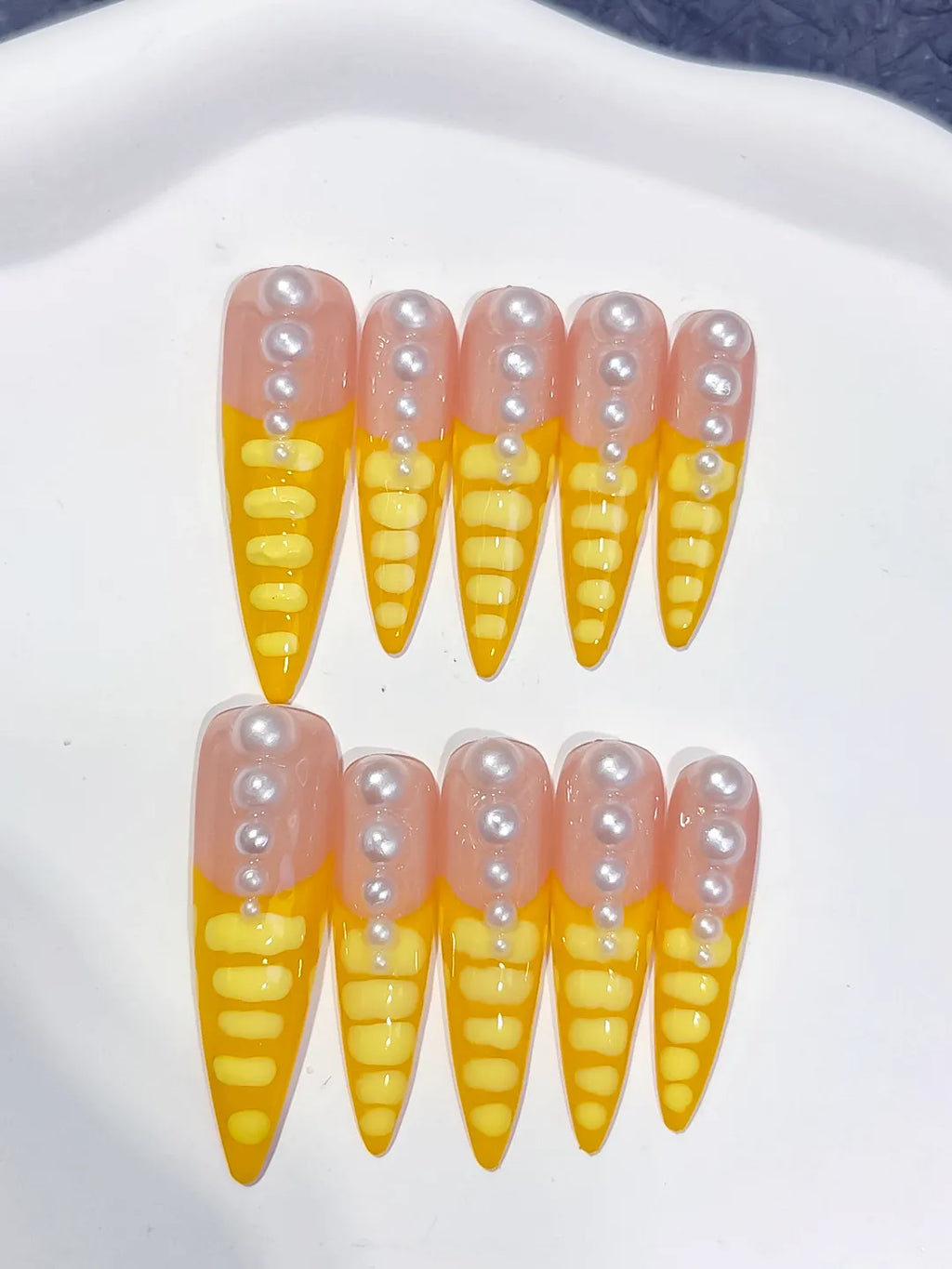 L033 - Long Nude Yellow Stiletto French tip Pearl