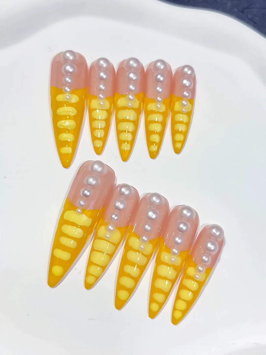 L033 - Long Nude Yellow Stiletto French tip Pearl