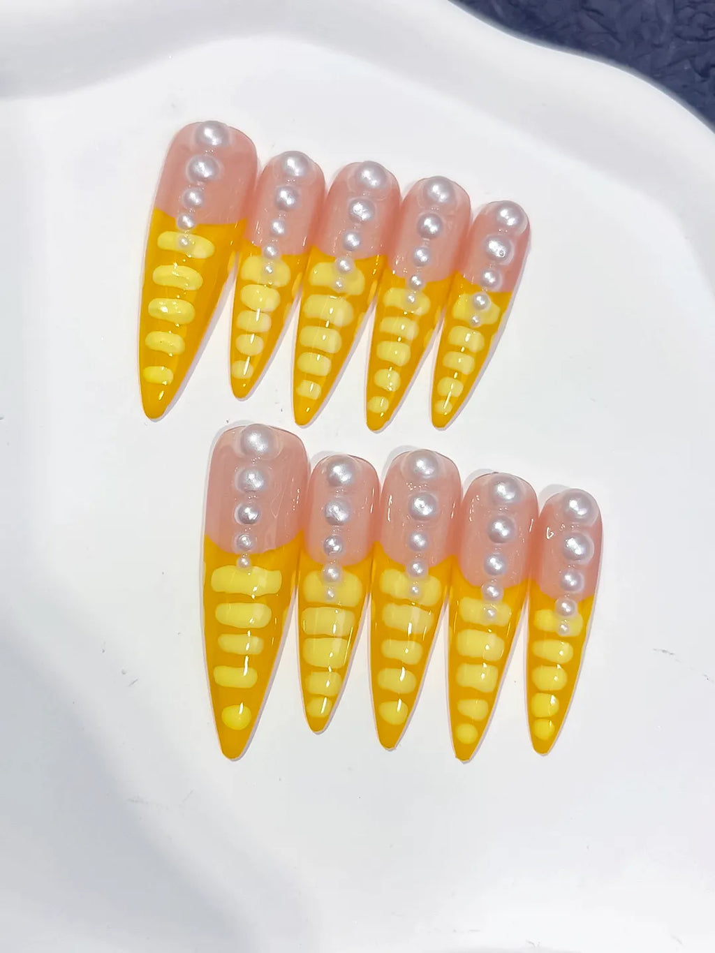 L033 - Long Nude Yellow Stiletto French tip Pearl