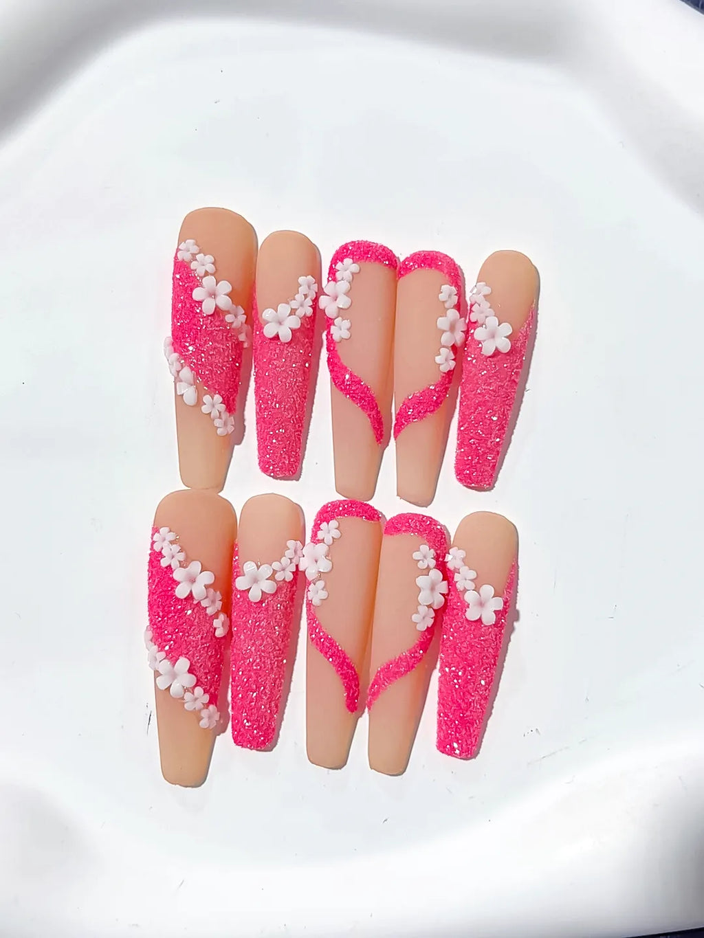 L034 - Long Nude Pink Coffin Glitter Flower 3D