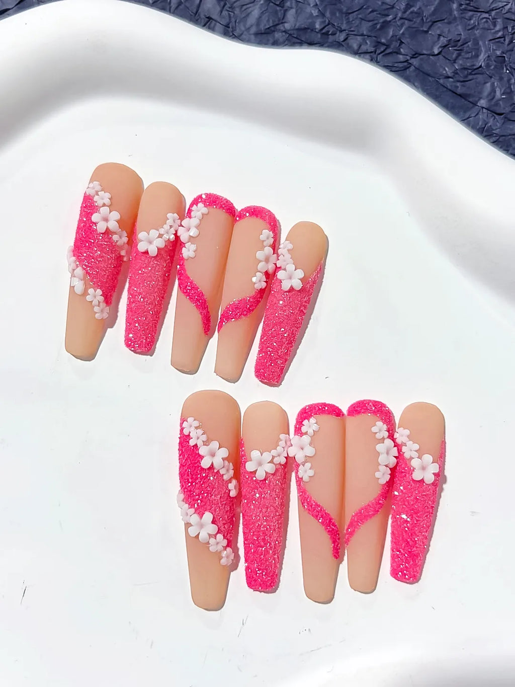 L034 - Long Nude Pink Coffin Glitter Flower 3D