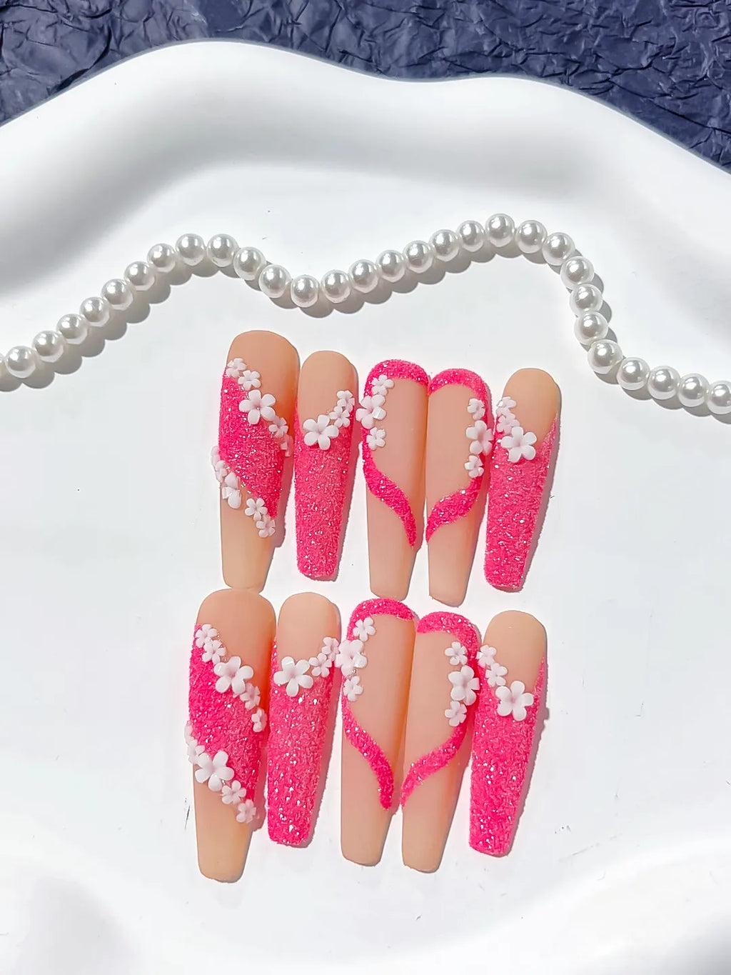 L034 - Long Nude Pink Coffin Glitter Flower 3D