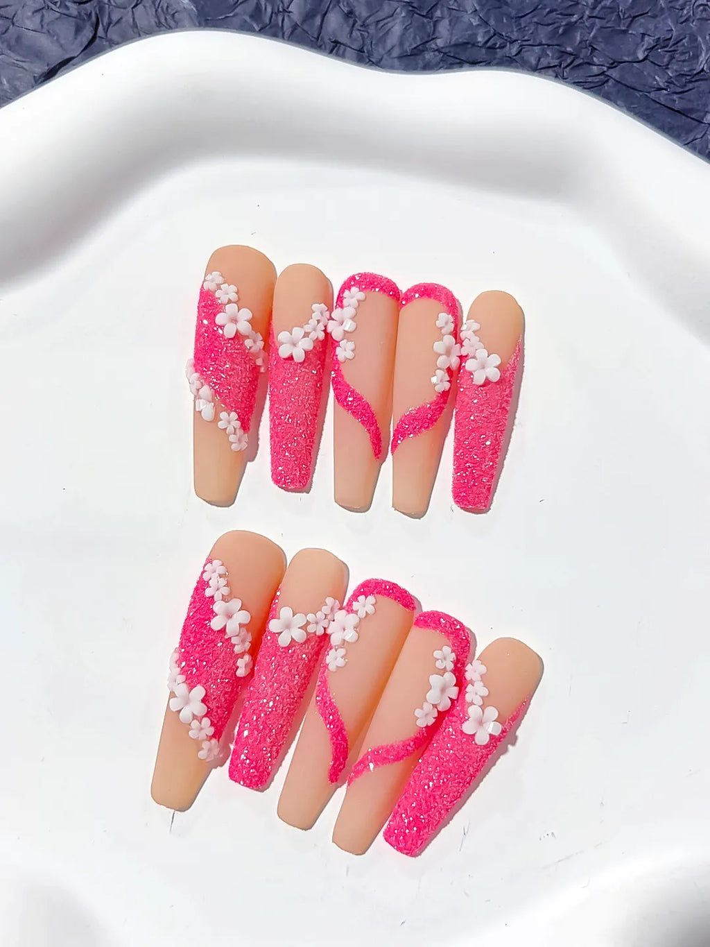 L034 - Long Nude Pink Coffin Glitter Flower 3D