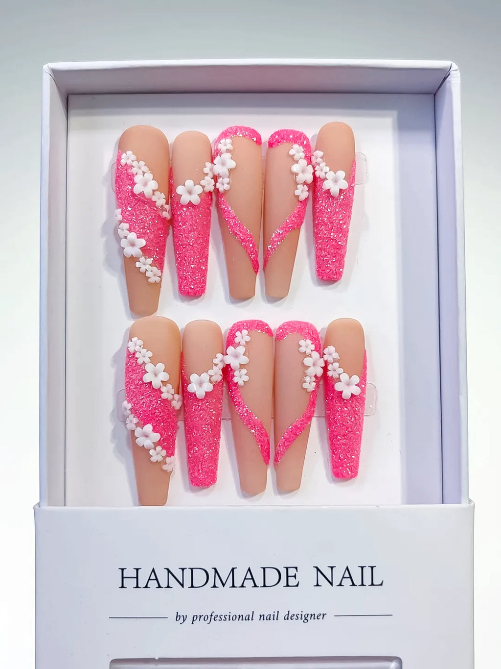 L034 - Long Nude Pink Coffin Glitter Flower 3D