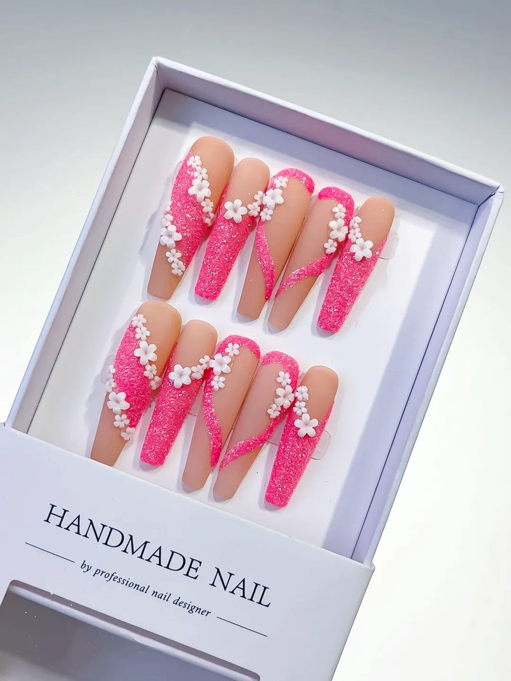 L034 - Long Nude Pink Coffin Glitter Flower 3D