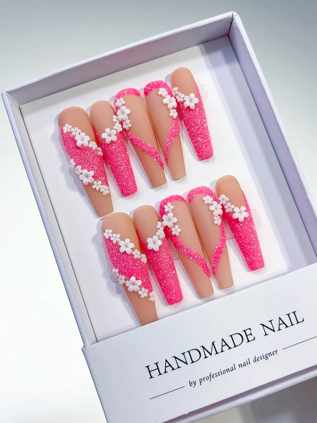L034 - Long Nude Pink Coffin Glitter Flower 3D