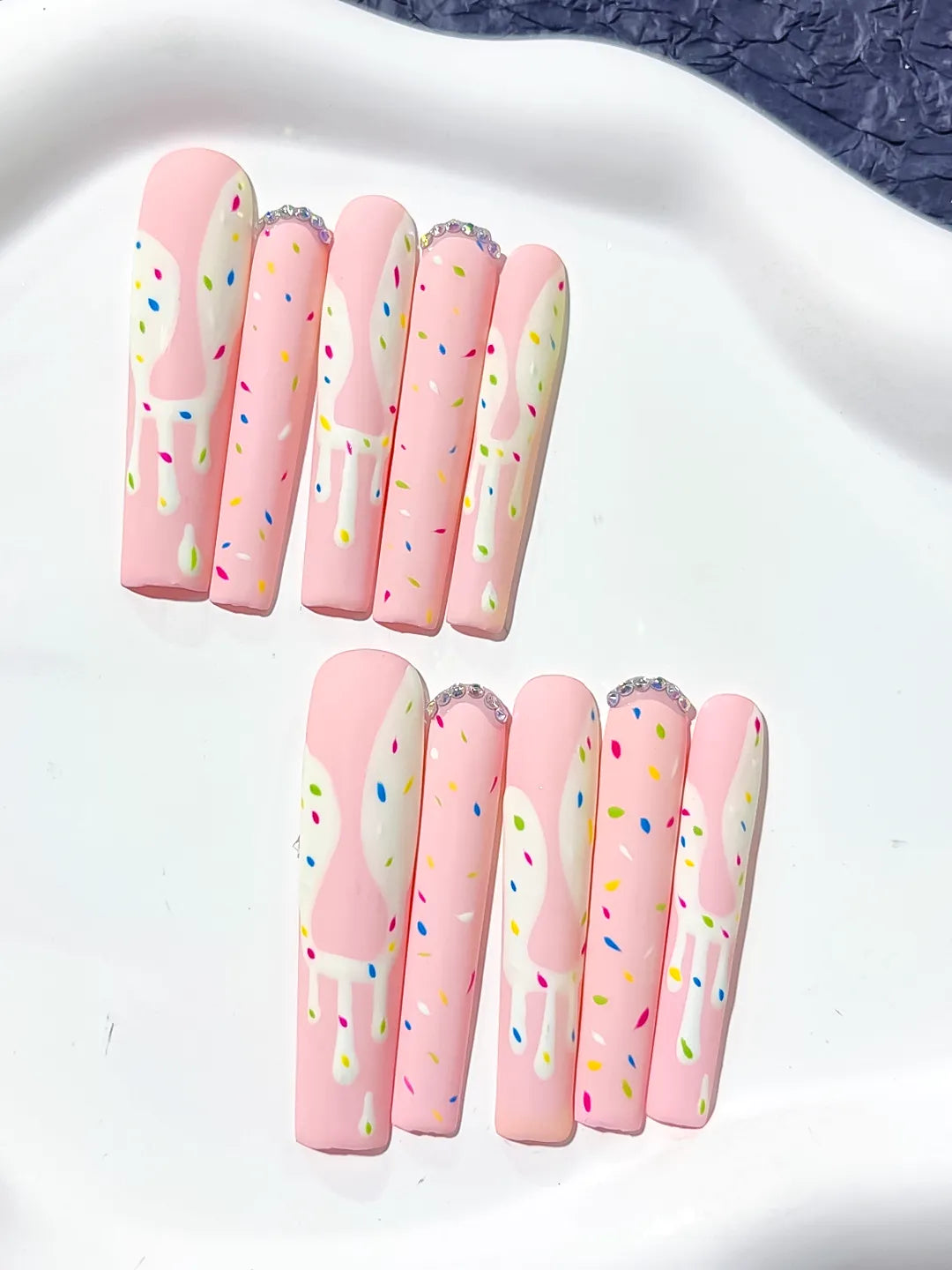 L035 - Long Pink White Square Abstract Dot Pattern Rhinestone