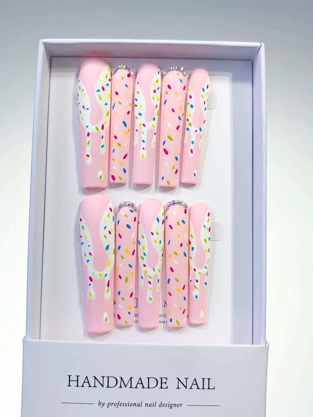 L035 - Long Pink White Square Abstract Dot Pattern Rhinestone