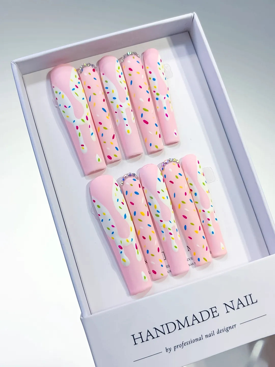 L035 - Long Pink White Square Abstract Dot Pattern Rhinestone