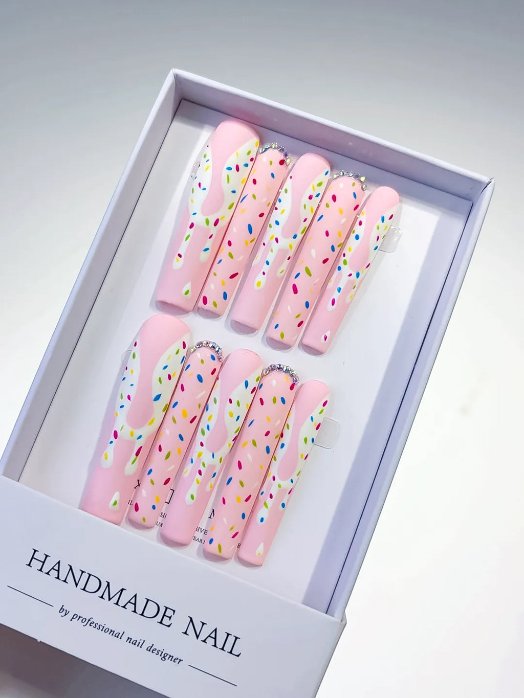 L035 - Long Pink White Square Abstract Dot Pattern Rhinestone