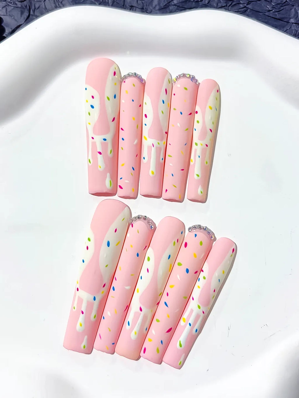 L035 - Long Pink White Square Abstract Dot Pattern Rhinestone