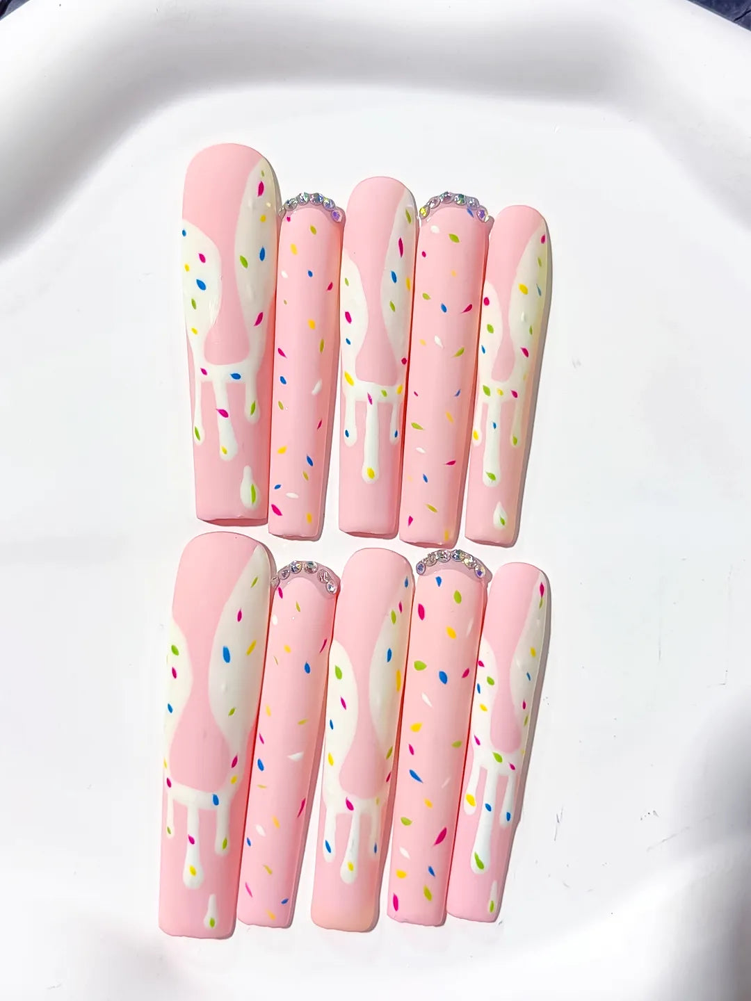 L035 - Long Pink White Square Abstract Dot Pattern Rhinestone