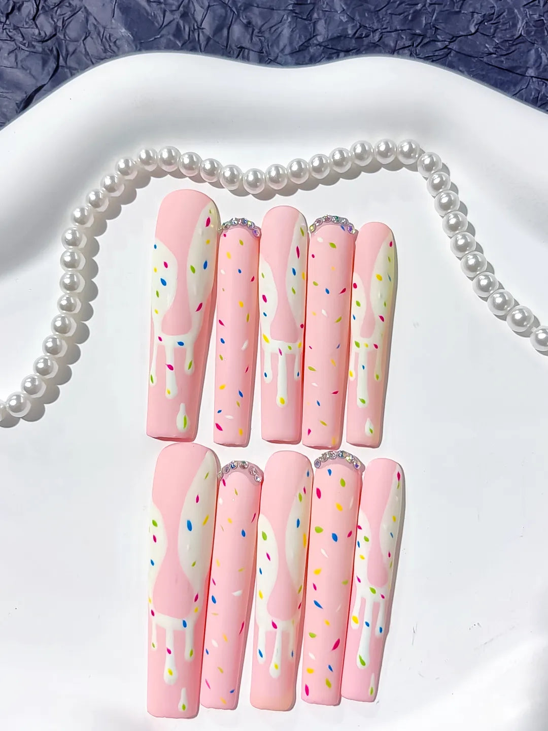 L035 - Long Pink White Square Abstract Dot Pattern Rhinestone