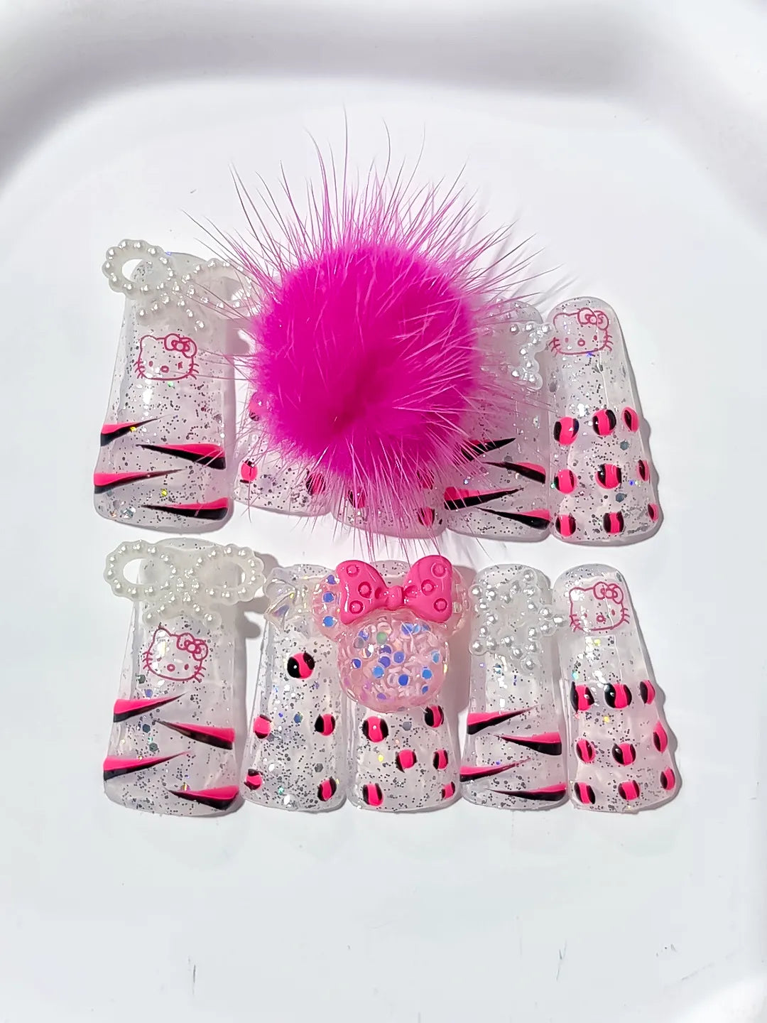 L036 - Long White Pink Duck Glitter Hello Kitty Bow
