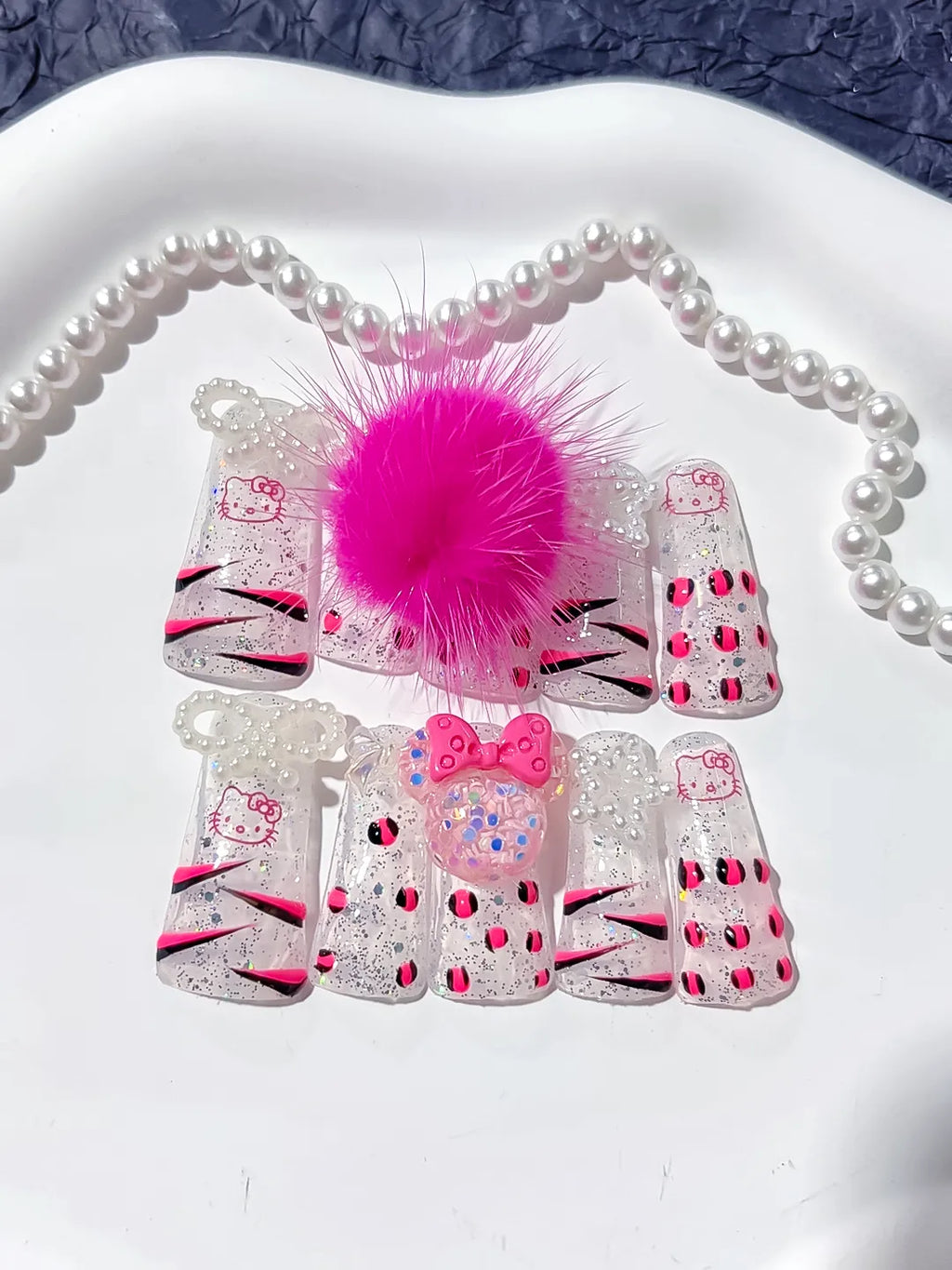 L036 - Long White Pink Duck Glitter Hello Kitty Bow