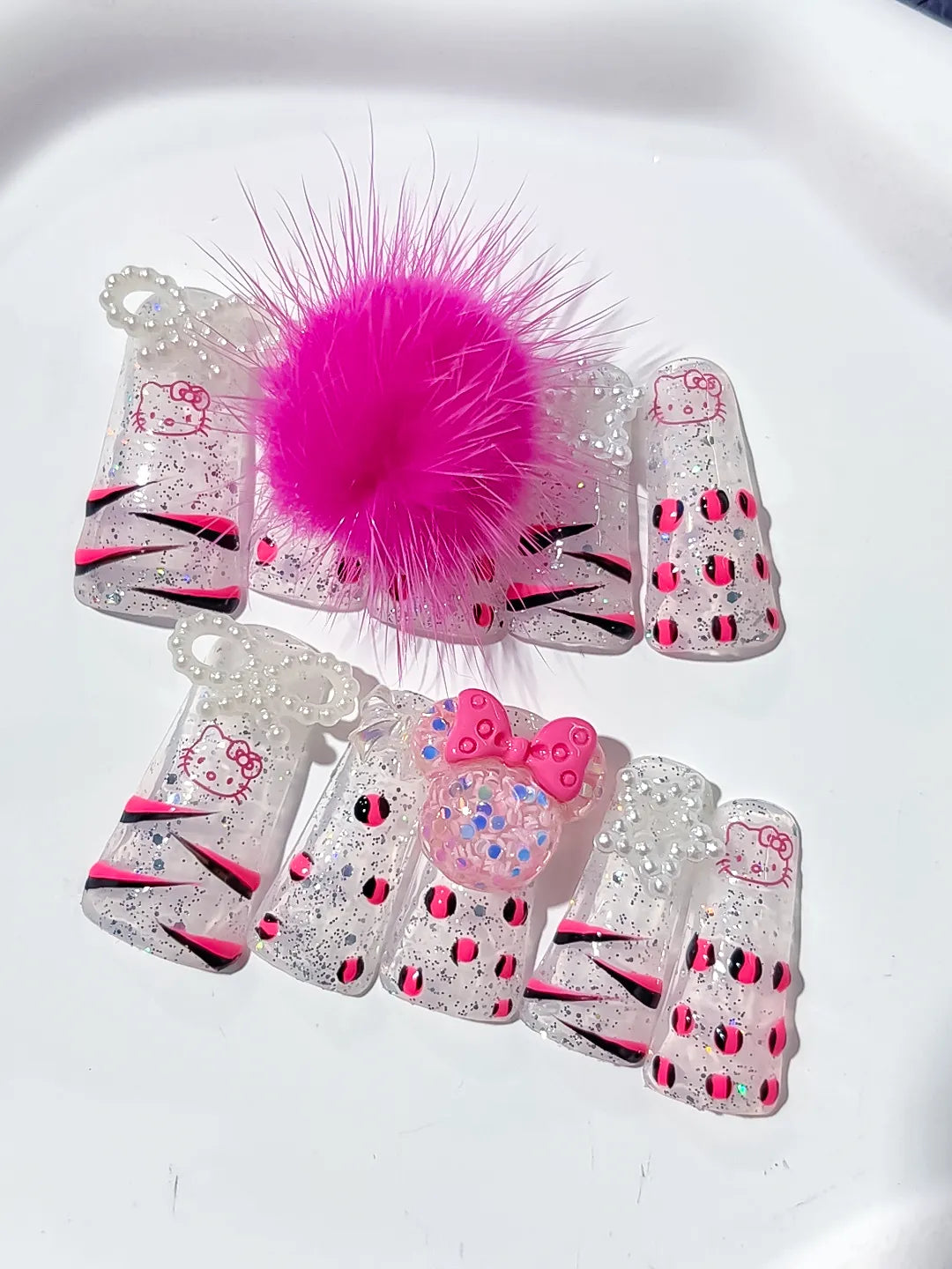 L036 - Long White Pink Duck Glitter Hello Kitty Bow