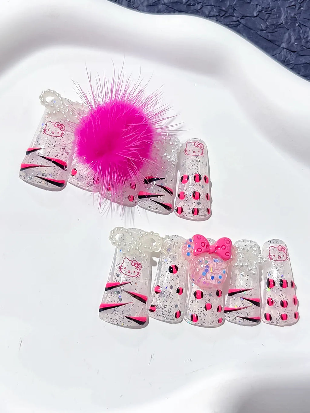 L036 - Long White Pink Duck Glitter Hello Kitty Bow