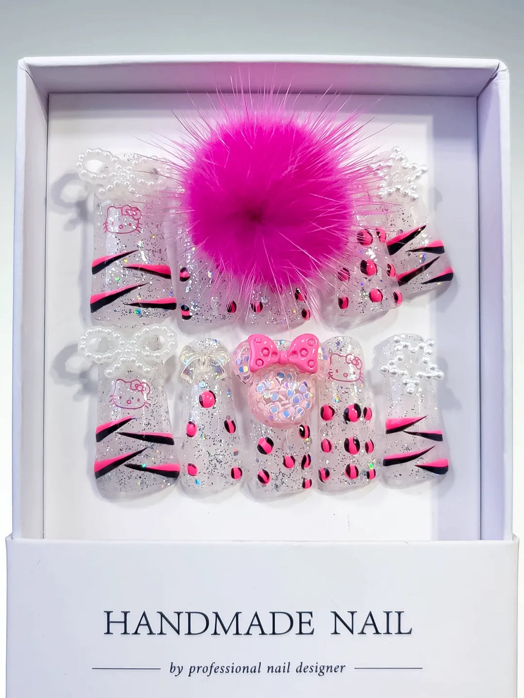 L036 - Long White Pink Duck Glitter Hello Kitty Bow