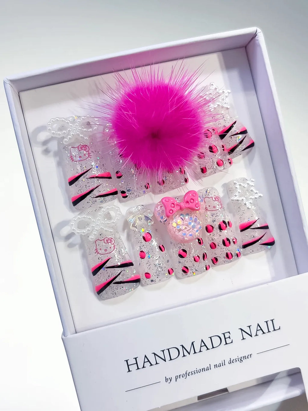 L036 - Long White Pink Duck Glitter Hello Kitty Bow