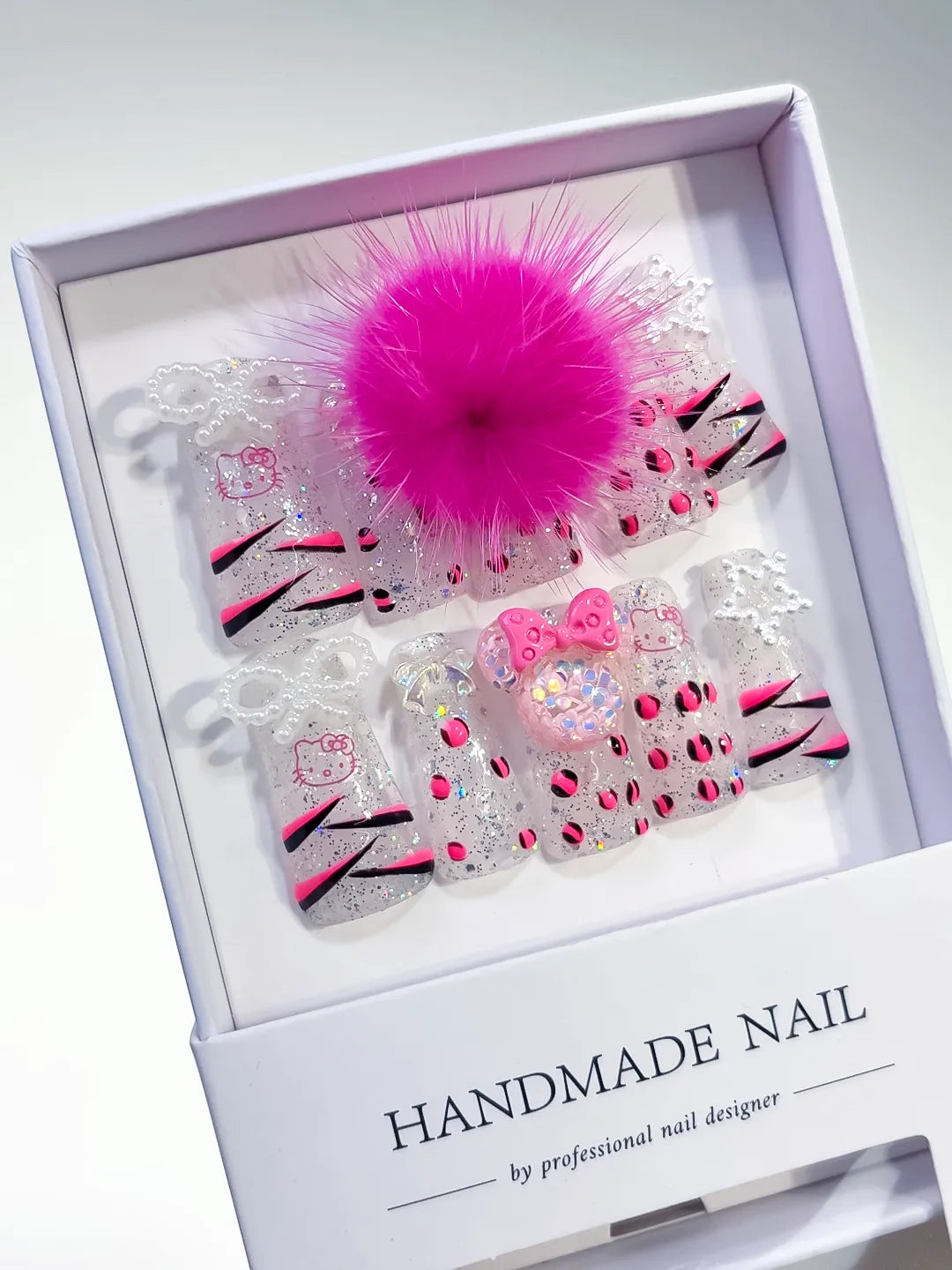 L036 - Long White Pink Duck Glitter Hello Kitty Bow