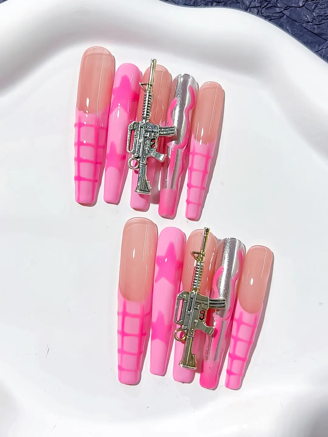 L037 - Long Nude Pink Coffin Abstract Metallic Charm
