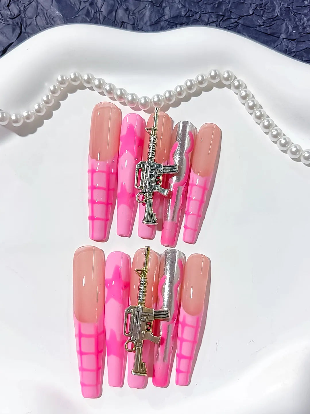 L037 - Long Nude Pink Coffin Abstract Metallic Charm