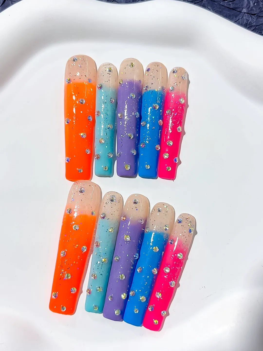 L038 - Long Nude Orange Square Ombre Glitter Rhinestone