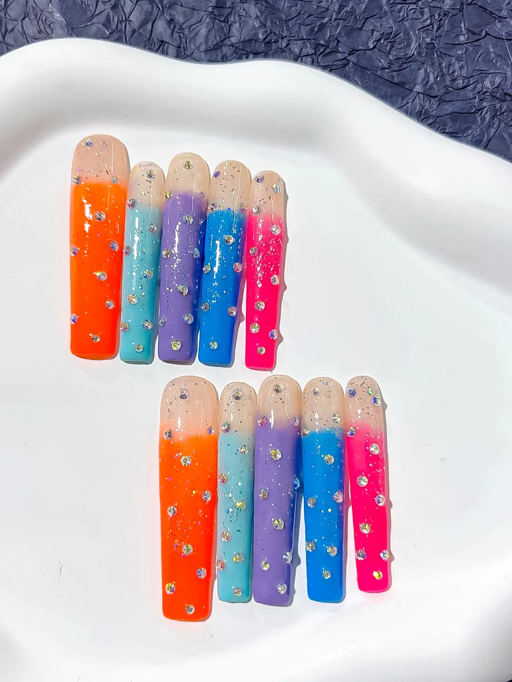 L038 - Long Nude Orange Square Ombre Glitter Rhinestone