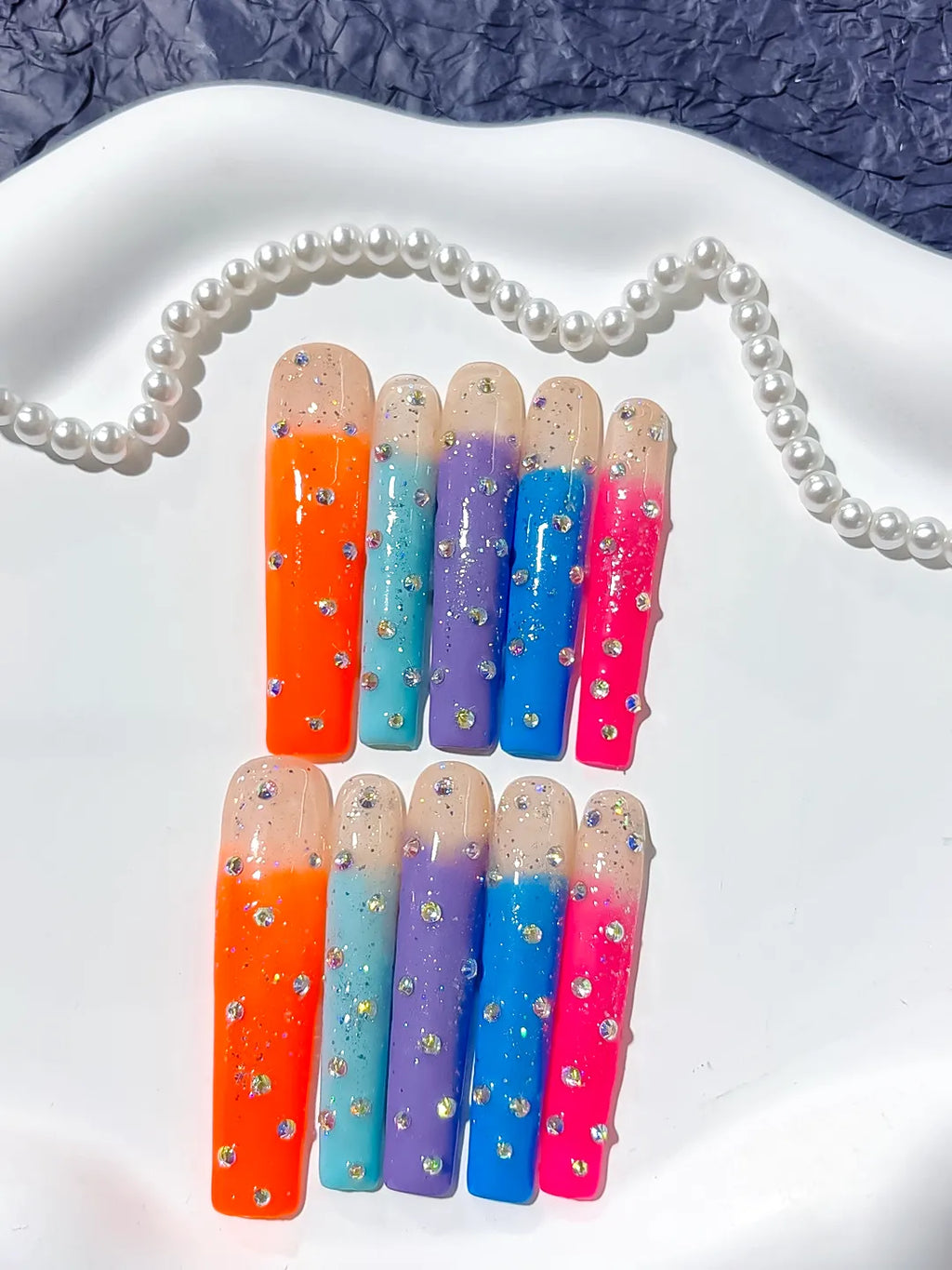 L038 - Long Nude Orange Square Ombre Glitter Rhinestone