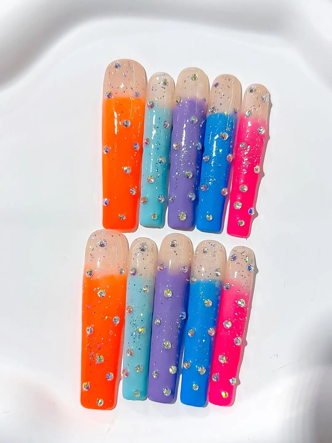 L038 - Long Nude Orange Square Ombre Glitter Rhinestone