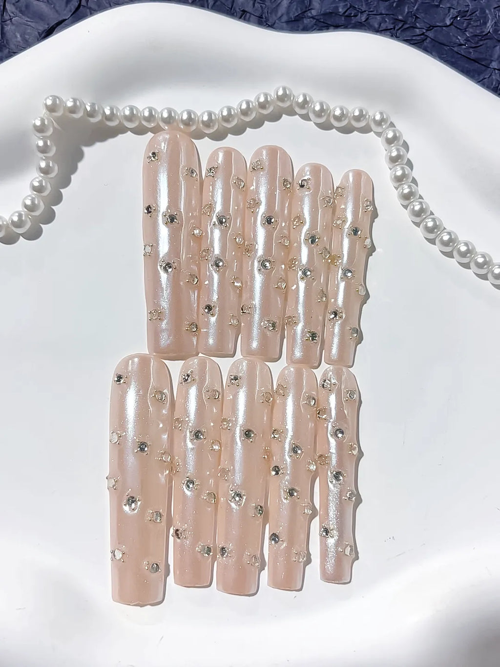 L039 - Long Nude White Square Holographic Rhinestone