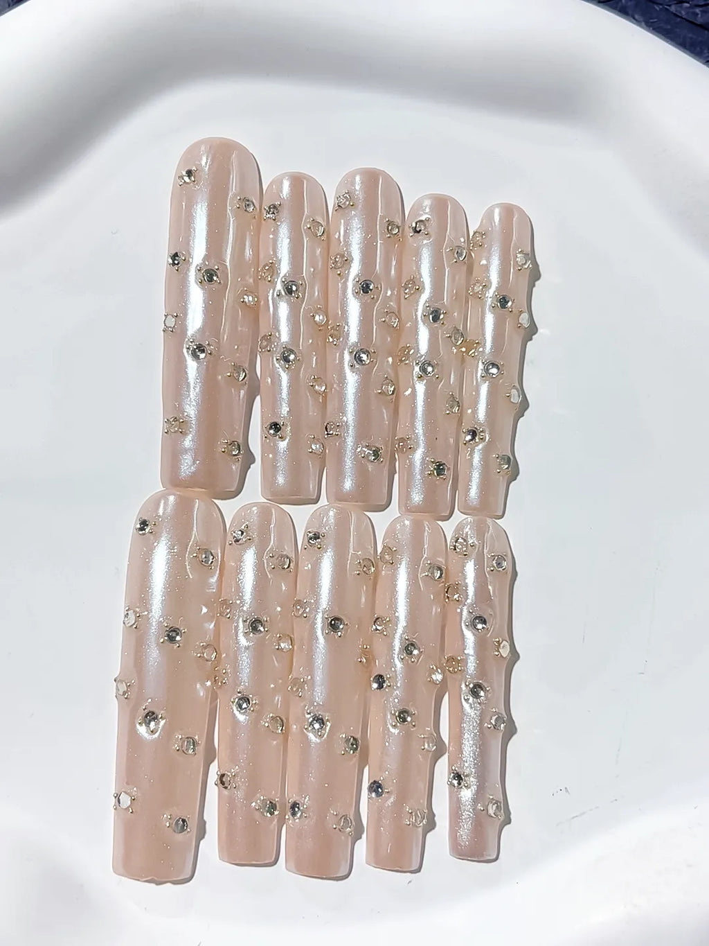 L039 - Long Nude White Square Holographic Rhinestone