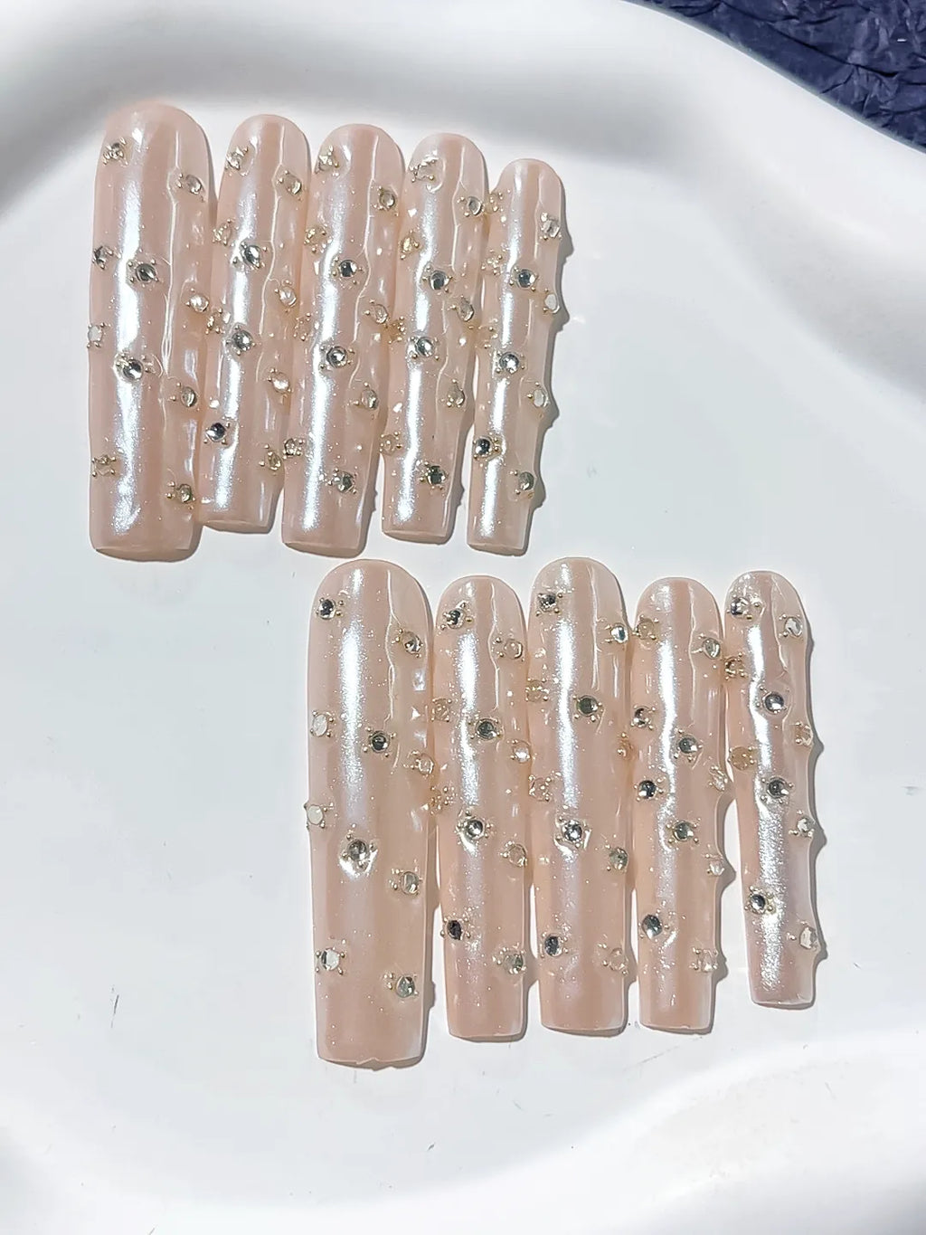 L039 - Long Nude White Square Holographic Rhinestone