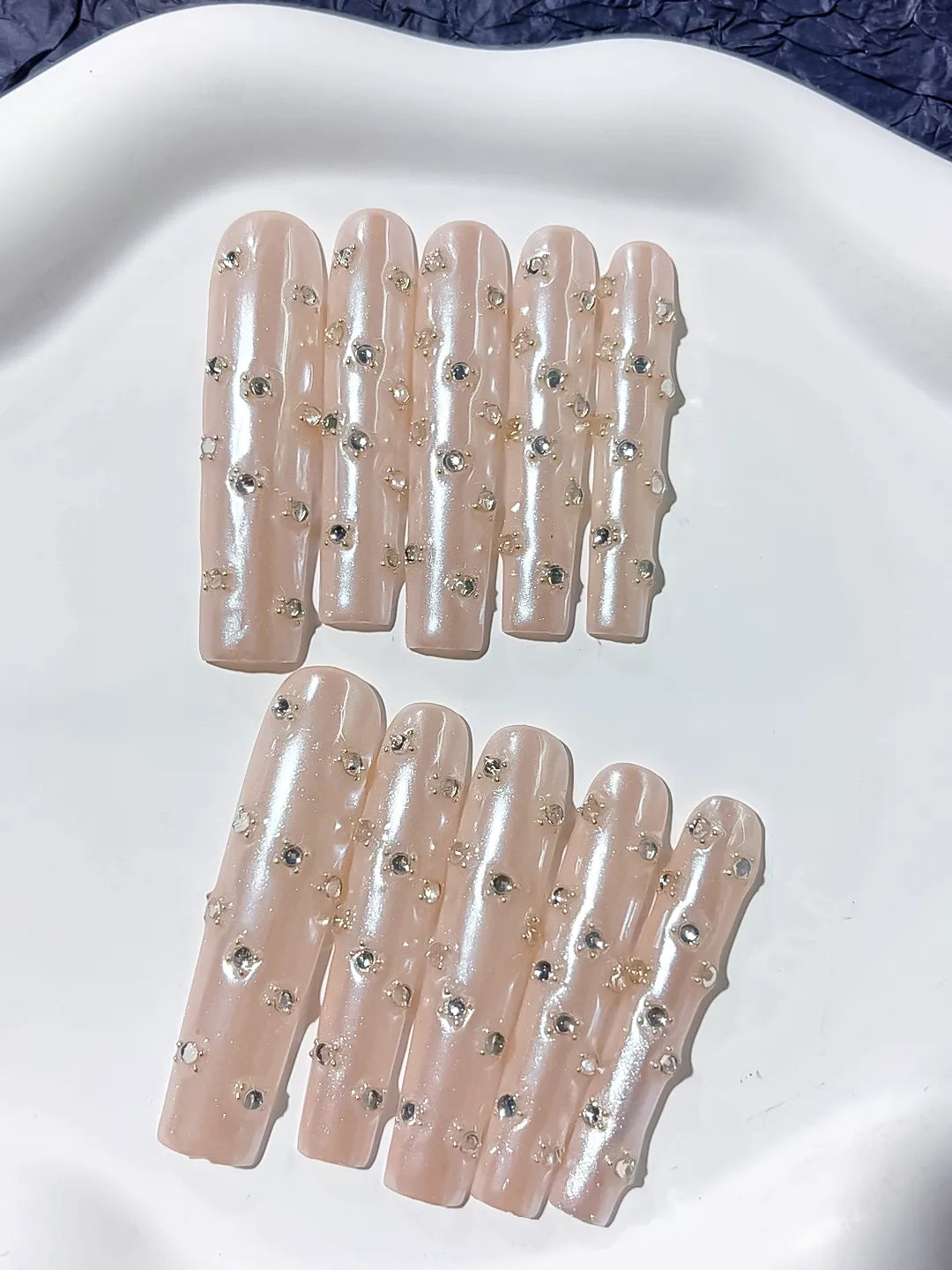 L039 - Long Nude White Square Holographic Rhinestone