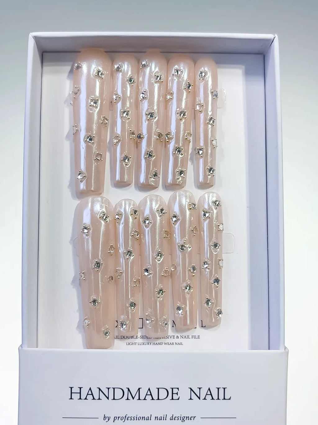 L039 - Long Nude White Square Holographic Rhinestone