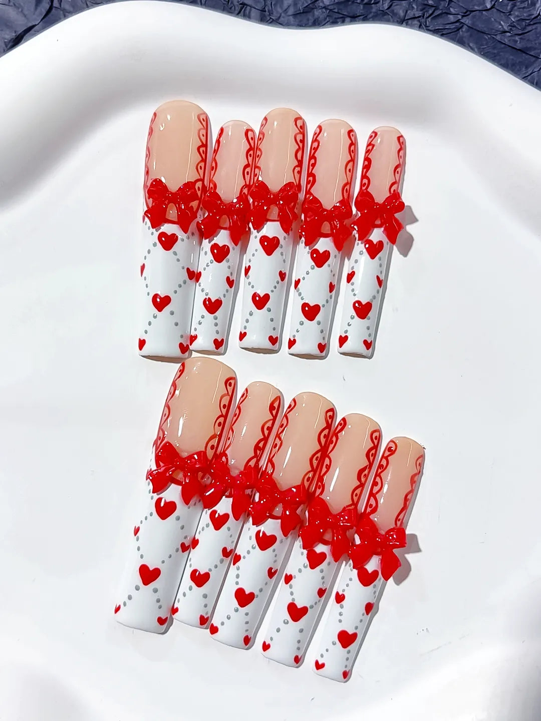 L040 - Long Nude White Square French tip Bow Heart