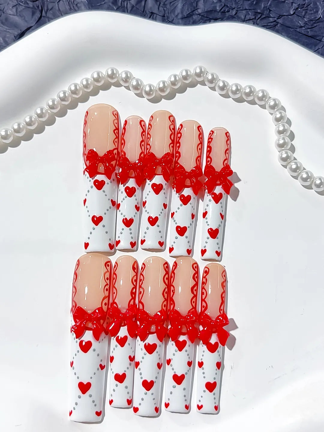 L040 - Long Nude White Square French tip Bow Heart
