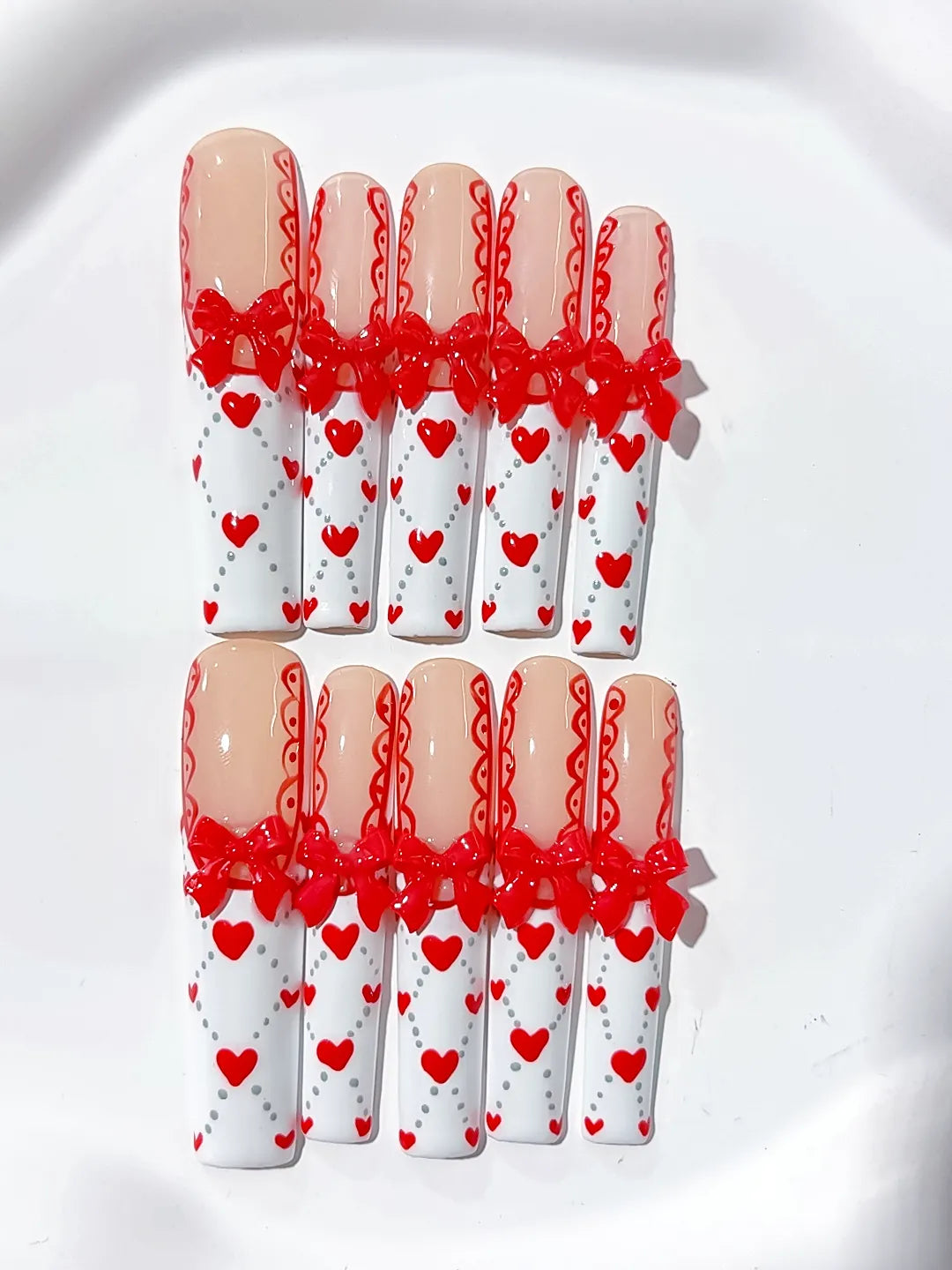 L040 - Long Nude White Square French tip Bow Heart