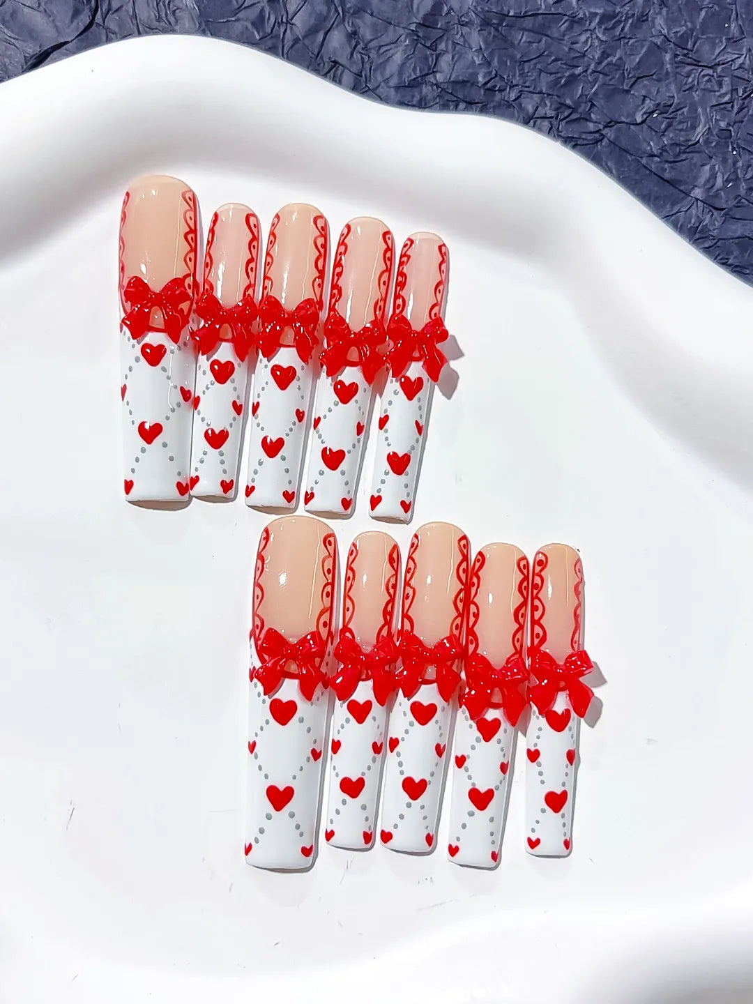 L040 - Long Nude White Square French tip Bow Heart