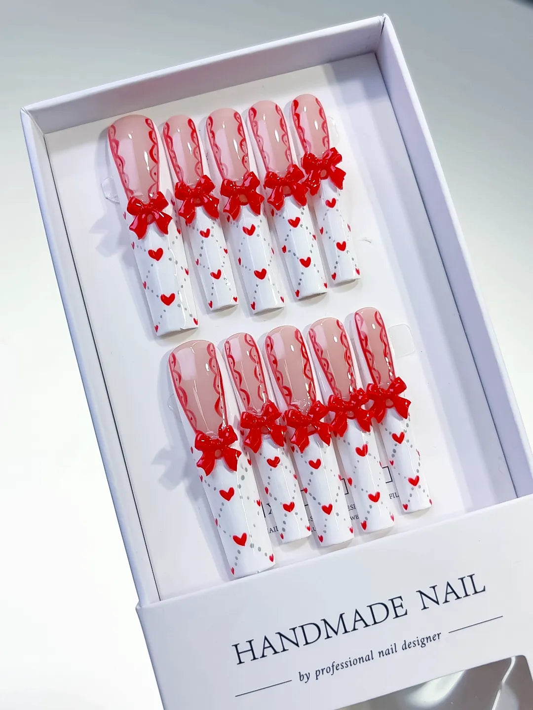 L040 - Long Nude White Square French tip Bow Heart