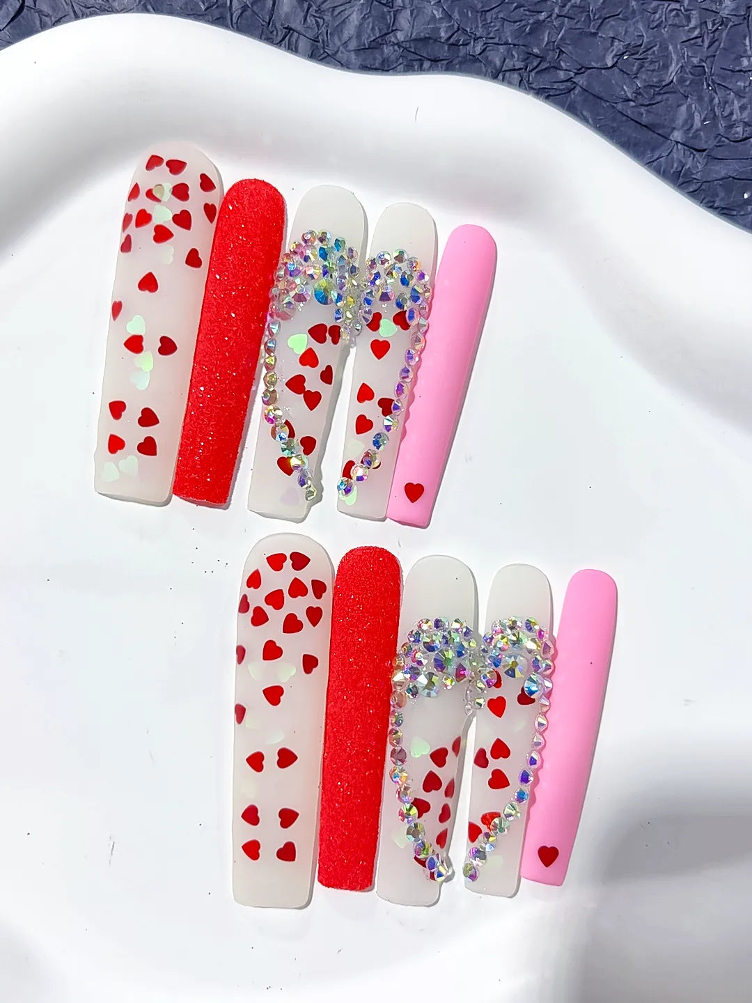 L041 - Long White Red Square Abstract Heart Rhinestone
