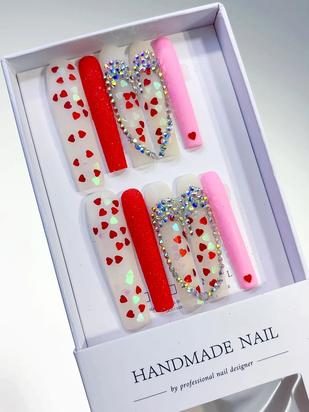 L041 - Long White Red Square Abstract Heart Rhinestone
