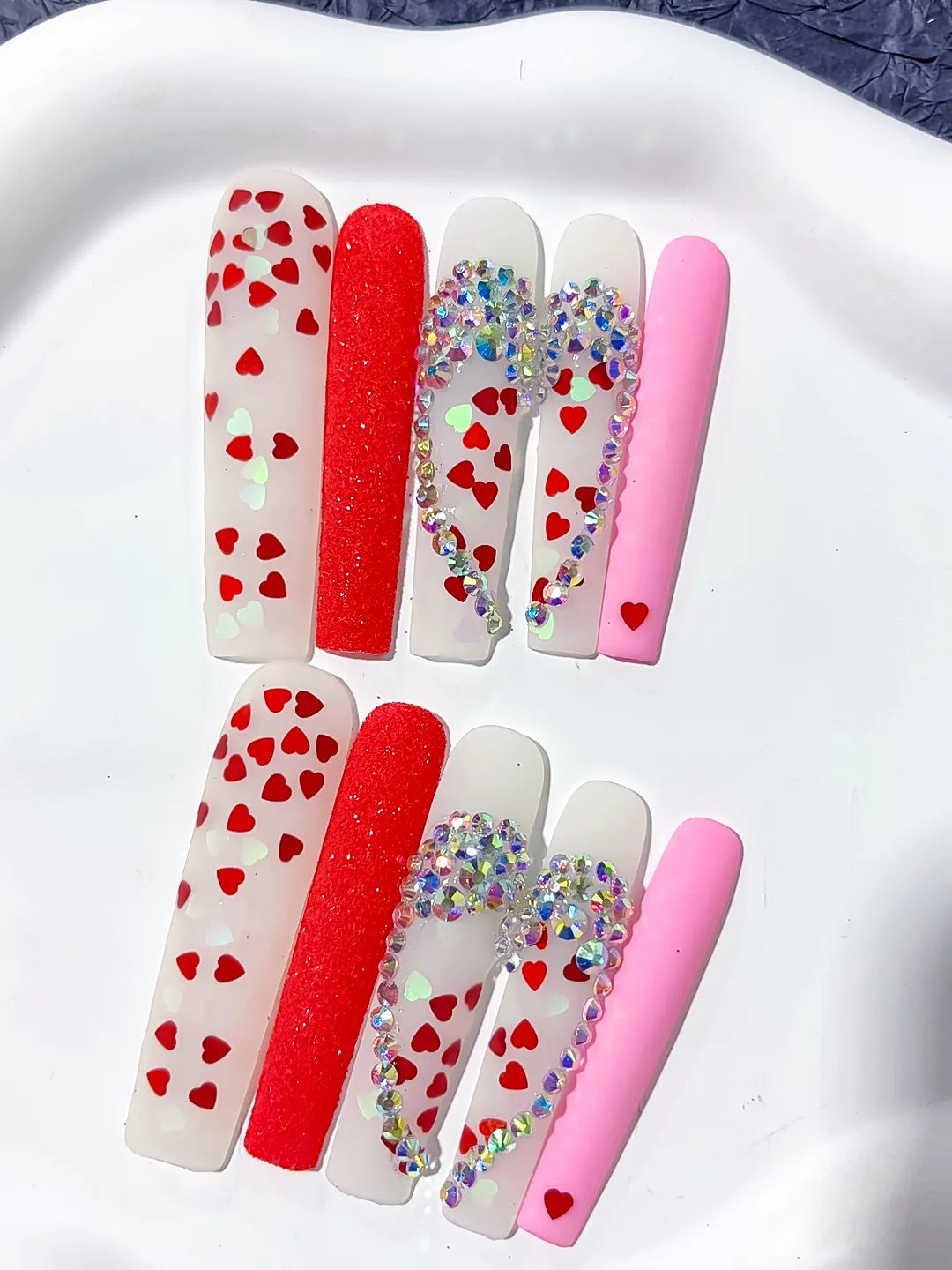 L041 - Long White Red Square Abstract Heart Rhinestone